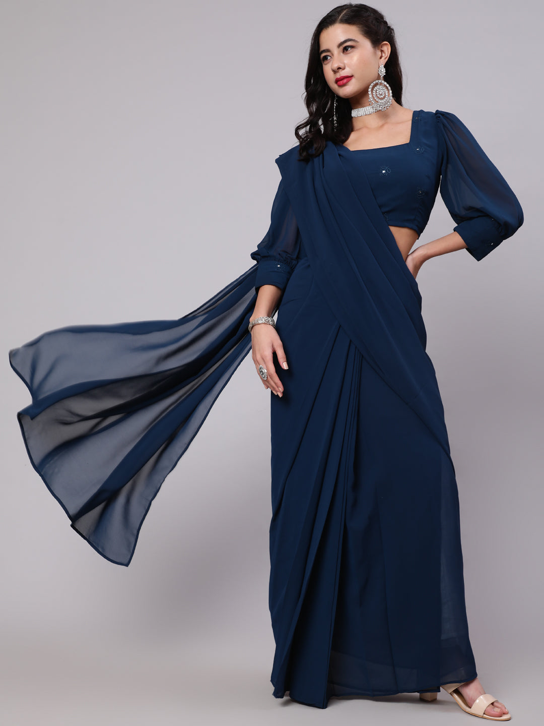 Blue Pre-Pleated Saree With Embroidered Blouse