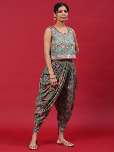 Light Blue Floral Print Top Dhoti With Jacket