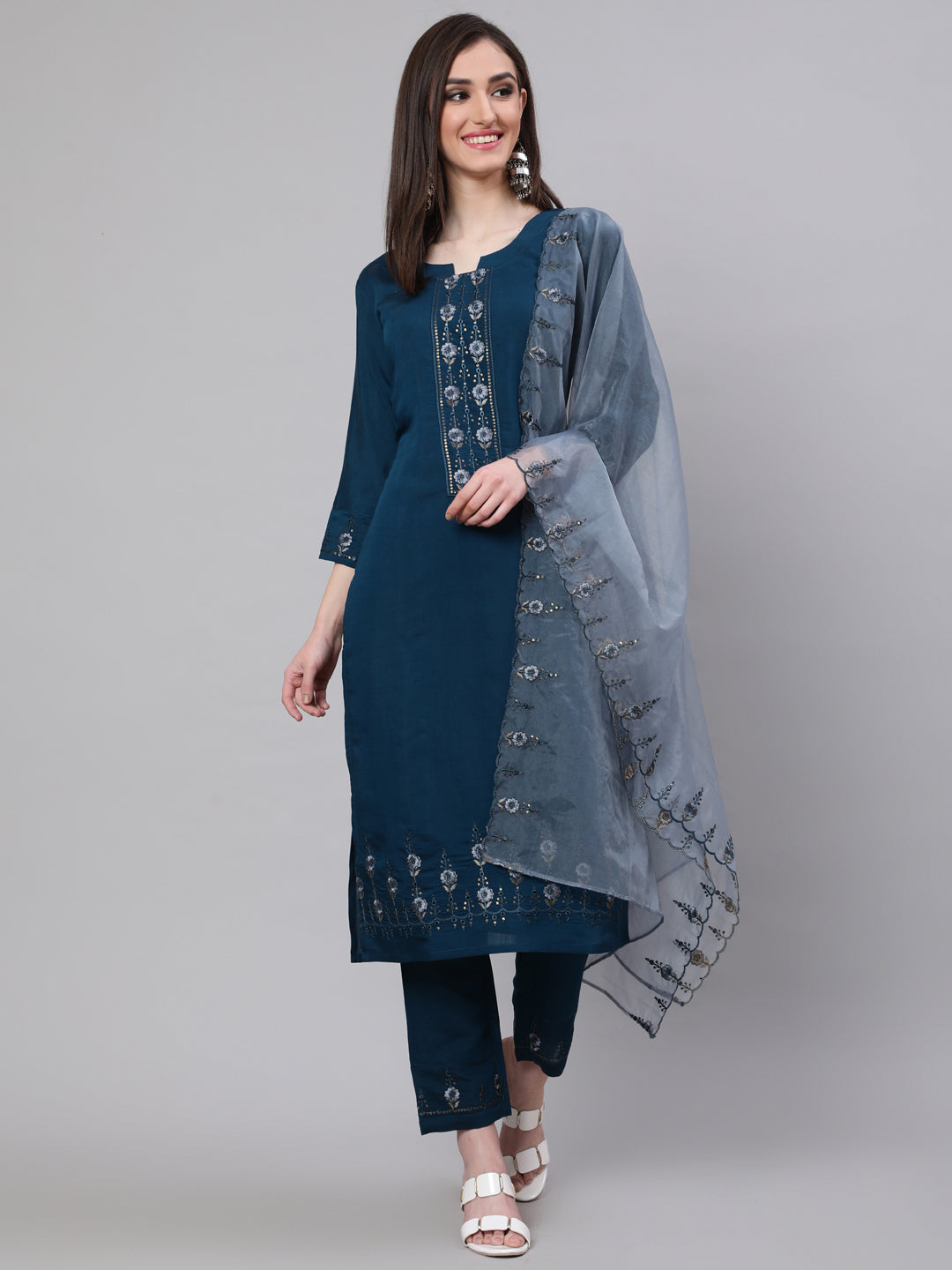 Blue Embroidered Kurta Pant With Dupatta