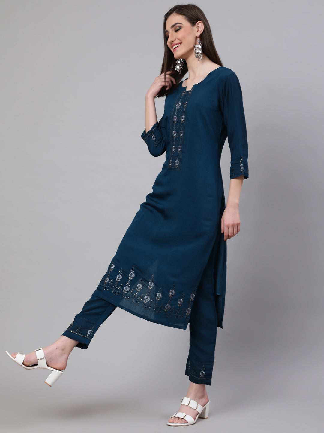 Blue Embroidered Kurta Pant With Dupatta