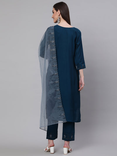 Blue Embroidered Kurta Pant With Dupatta