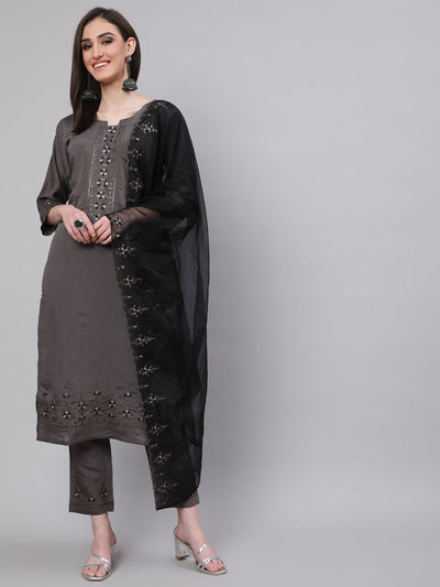 Grey Embroidered Kurta Pant With Dupatta