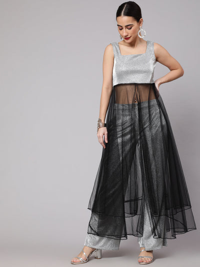 Silver Black Embellished Layered Top With Palazzo