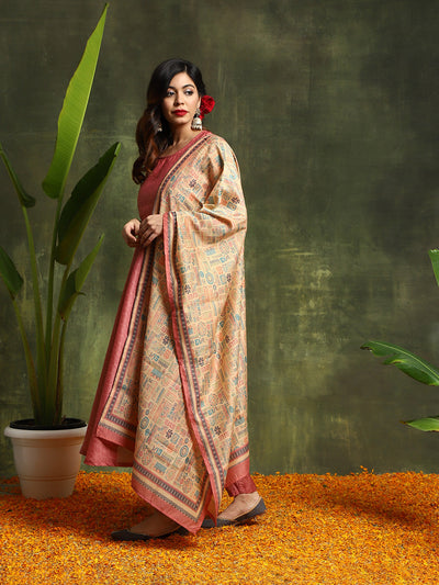 Nude Geomatric Print Anarkali Pant With Dupatta