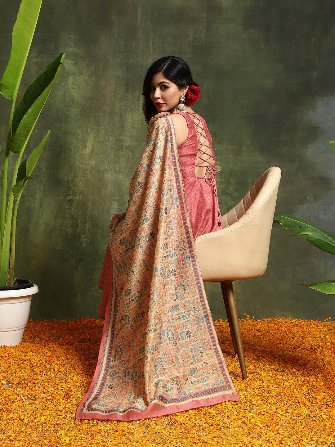 Nude Geomatric Print Anarkali Pant With Dupatta