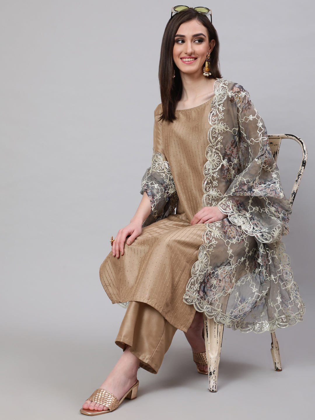 Beige Sequin Kurta Palazzo With Gota Work Dupatta