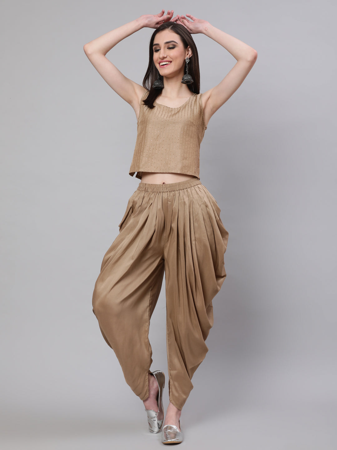 Beige Sequined Top Dhoti Pant With Jacket