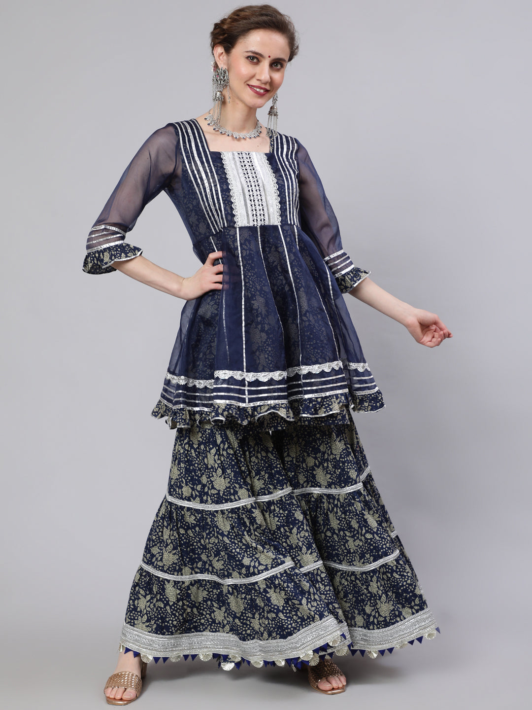 Navy Blue Floral Print Kurta Sharara Set