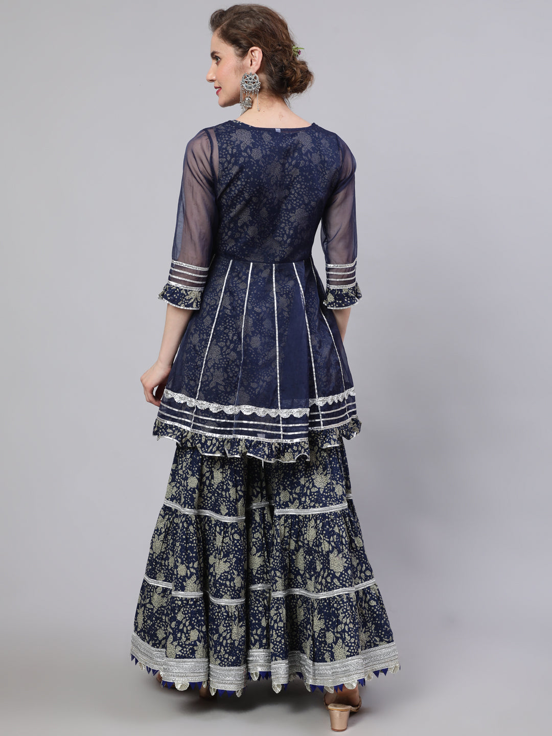 Navy Blue Floral Print Kurta Sharara Set