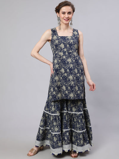 Navy Blue Floral Print Kurta Sharara Set