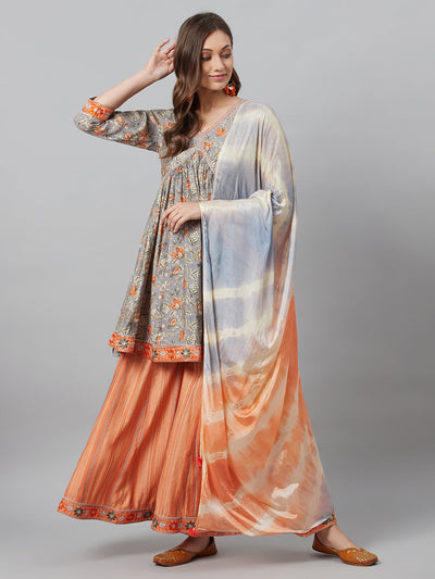 Grey Printed Kurta Palazzo With Dupatta