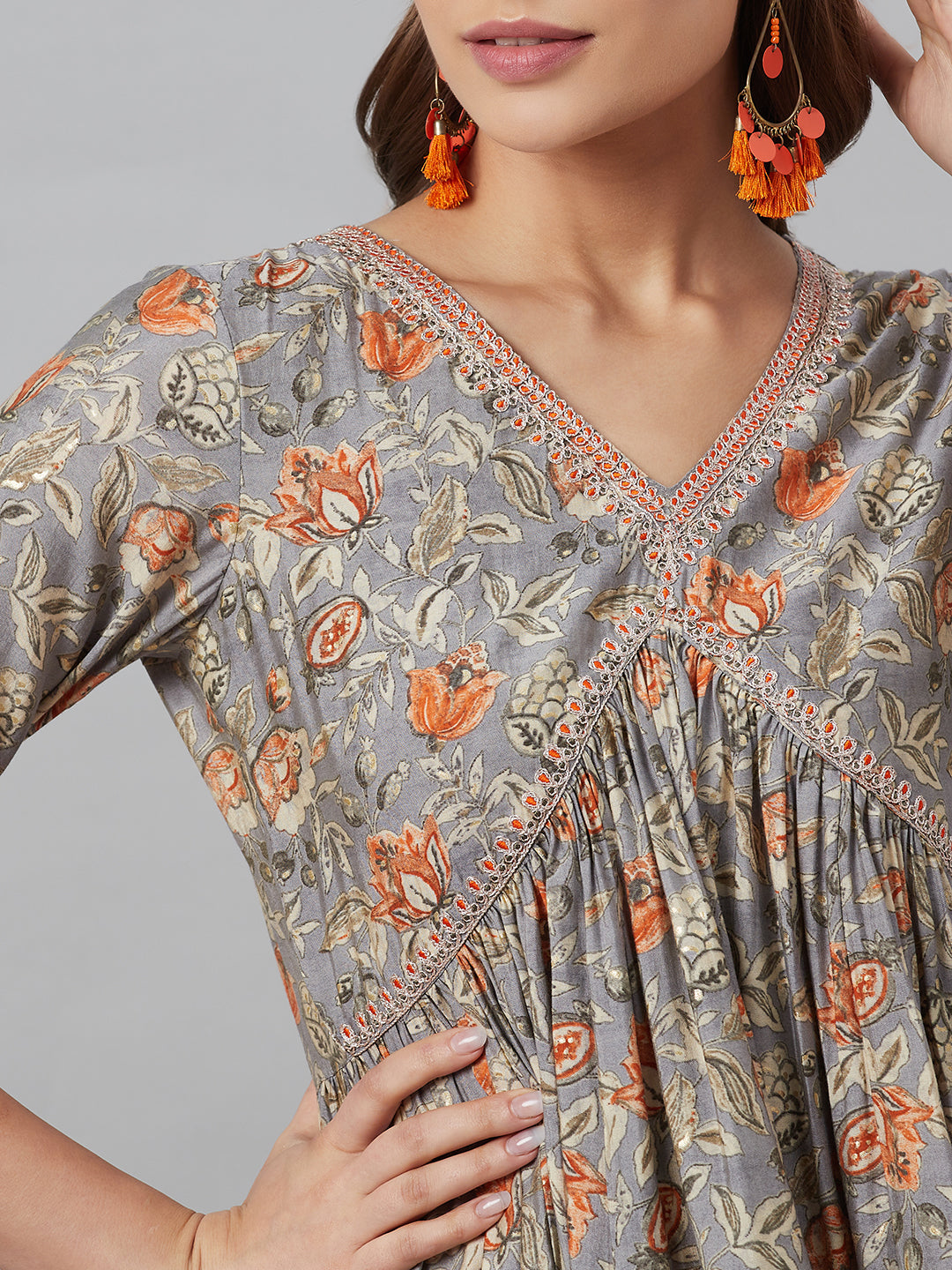 Grey Printed Kurta Palazzo With Dupatta