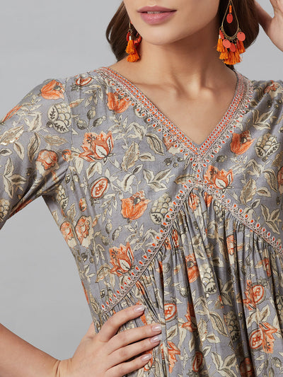 Grey Printed Kurta Palazzo With Dupatta