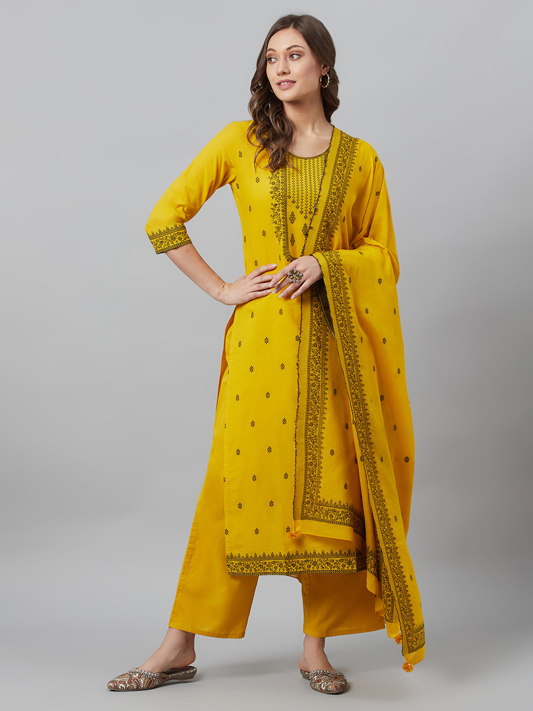 Mustard Embroidered Kurta Palazzo With Dupatta
