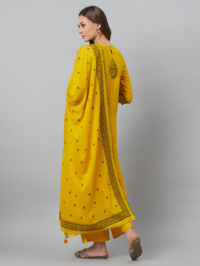 Mustard Embroidered Kurta Palazzo With Dupatta