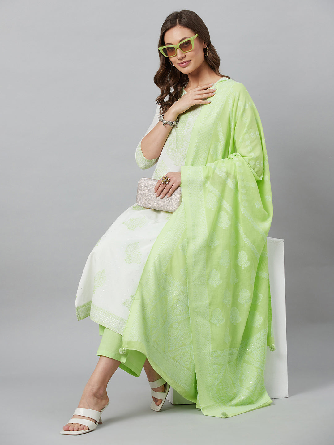 Green Embroidered Kurta Palazzo With Dupatta