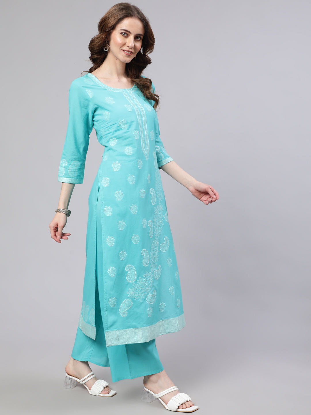 Turquoise Blue Embroidered Kurta Palazzo With Dupatta