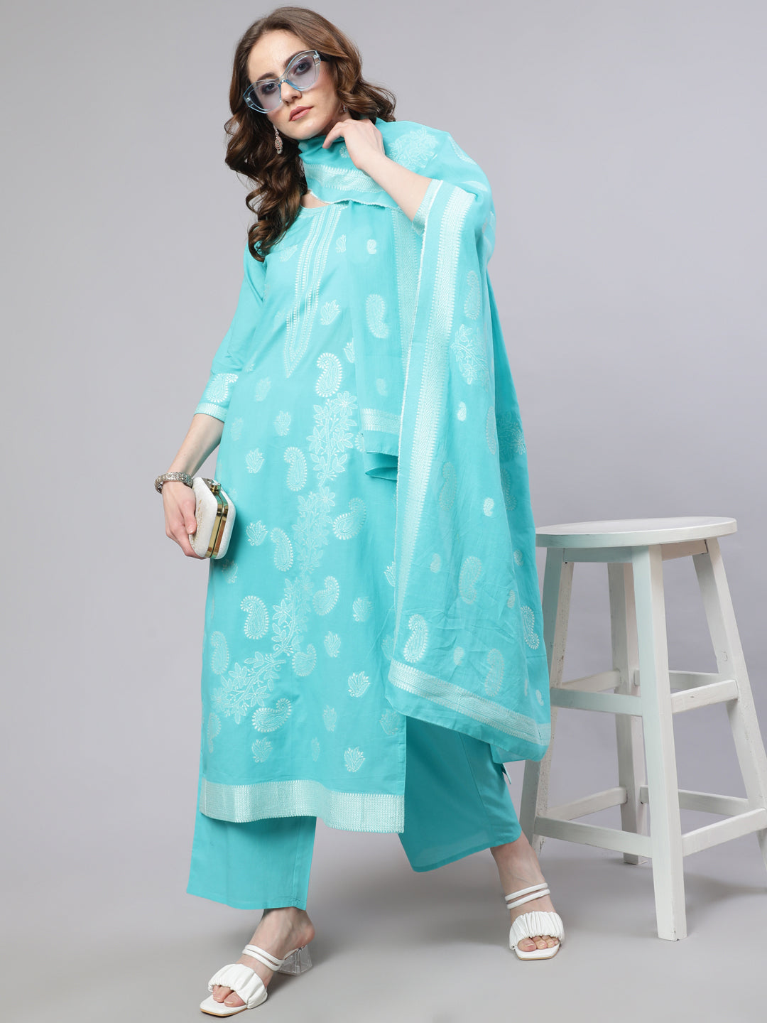 Turquoise Blue Embroidered Kurta Palazzo With Dupatta