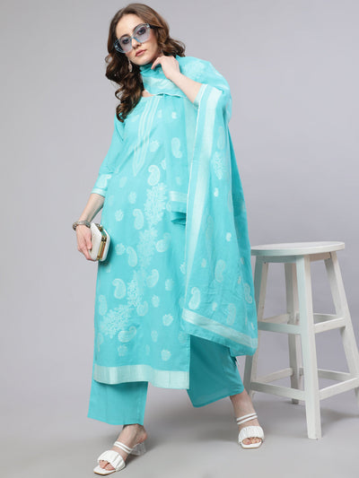 Turquoise Blue Embroidered Kurta Palazzo With Dupatta