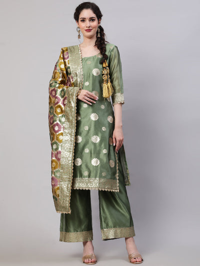 Olive Embellished Kurta Palazzo With Dupatta