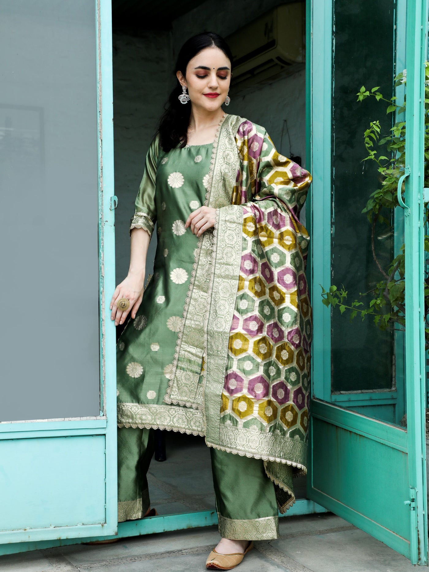 Olive Embellished Kurta Palazzo With Dupatta