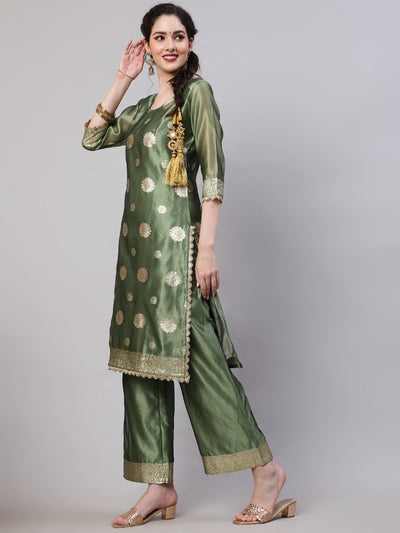 Olive Embellished Kurta Palazzo With Dupatta