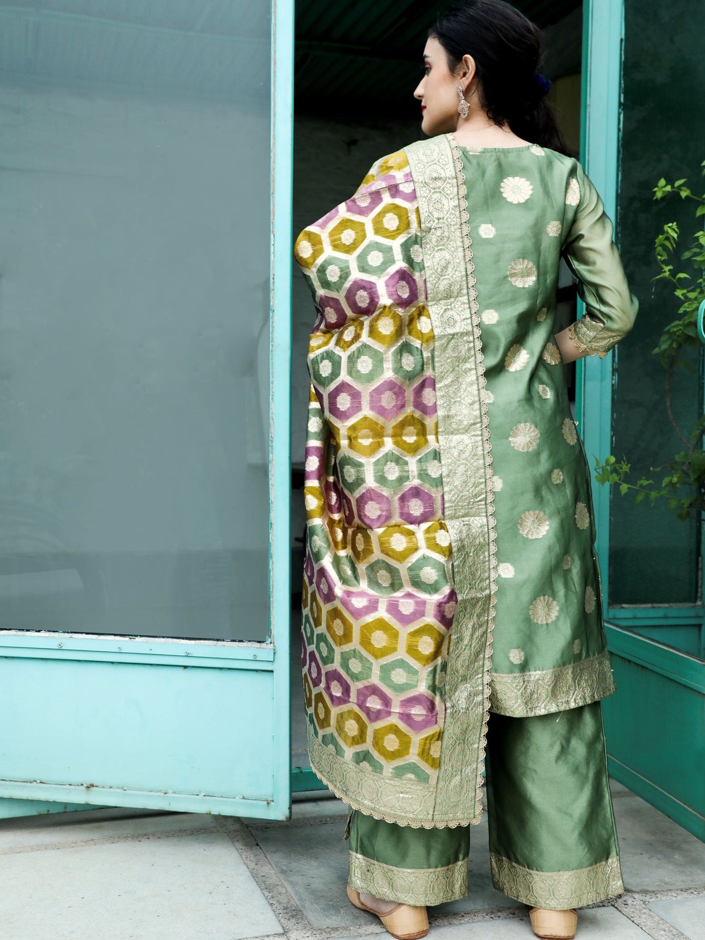 Olive Embellished Kurta Palazzo With Dupatta