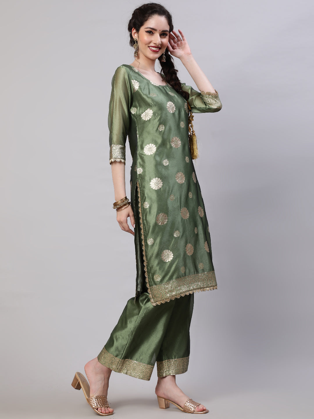 Olive Embellished Kurta Palazzo With Dupatta