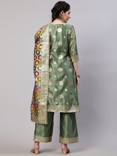 Olive Embellished Kurta Palazzo With Dupatta