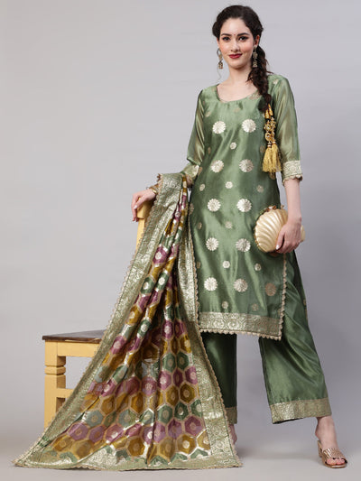 Olive Embellished Kurta Palazzo With Dupatta