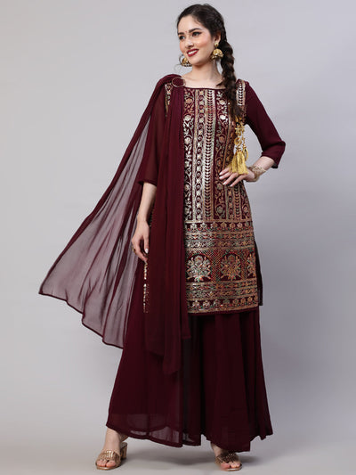 Burgundy Sequin Kurta Palazzo With Dupatta