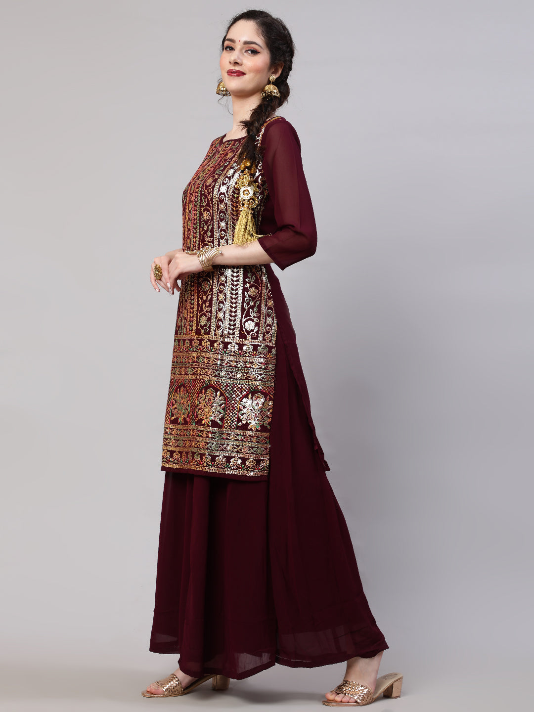 Burgundy Sequin Kurta Palazzo With Dupatta