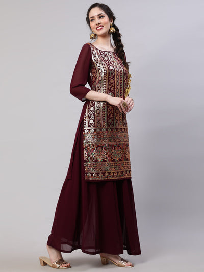 Burgundy Sequin Kurta Palazzo With Dupatta