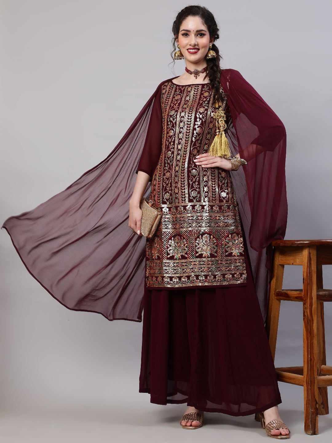 Burgundy Sequin Kurta Palazzo With Dupatta