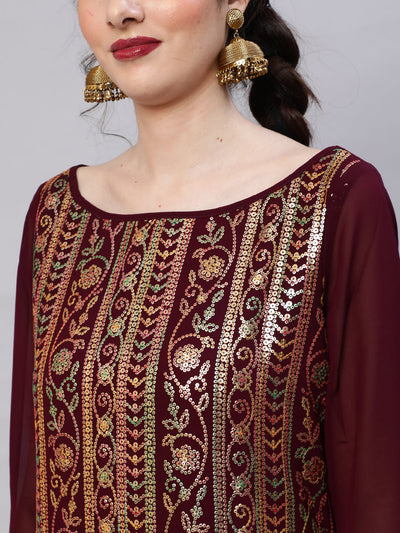 Burgundy Sequin Kurta Palazzo With Dupatta