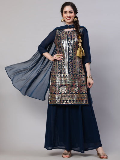 Blue Sequin Kurta Palazzo With Dupatta