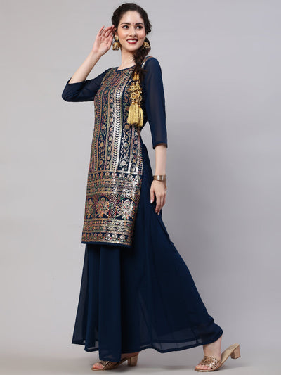 Blue Sequin Kurta Palazzo With Dupatta