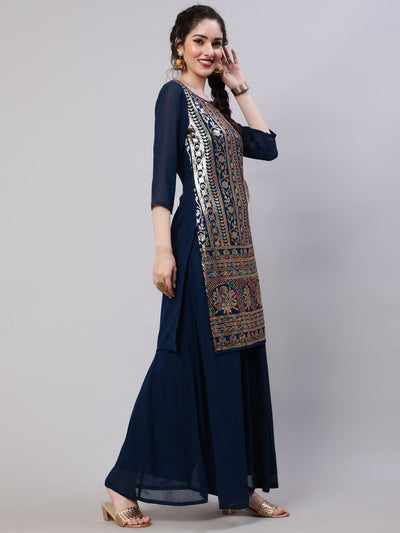 Blue Sequin Kurta Palazzo With Dupatta