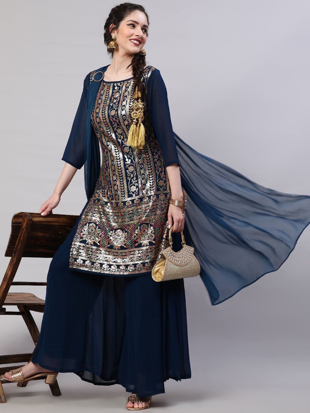 Blue Sequin Kurta Palazzo With Dupatta