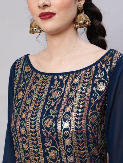 Blue Sequin Kurta Palazzo With Dupatta