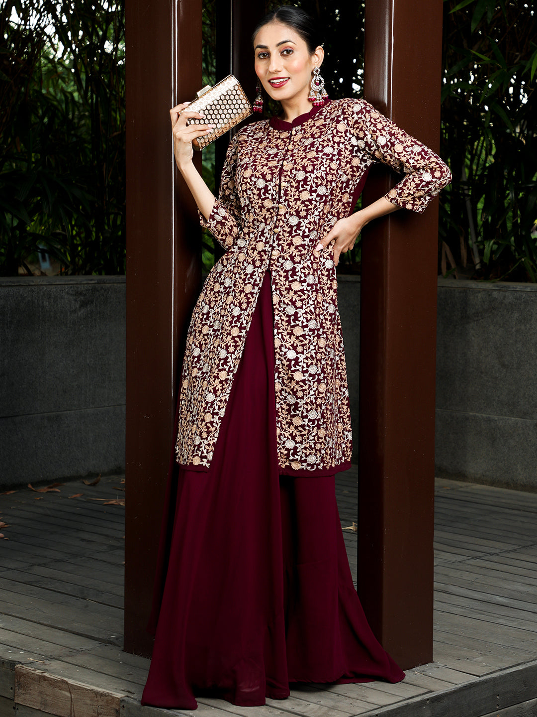 Wine Floral Embroidered Kurta With Skirt