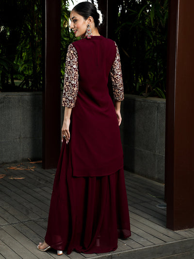 Mother Daughter Combo-Wine Floral Embroidered Kurta With Skirt