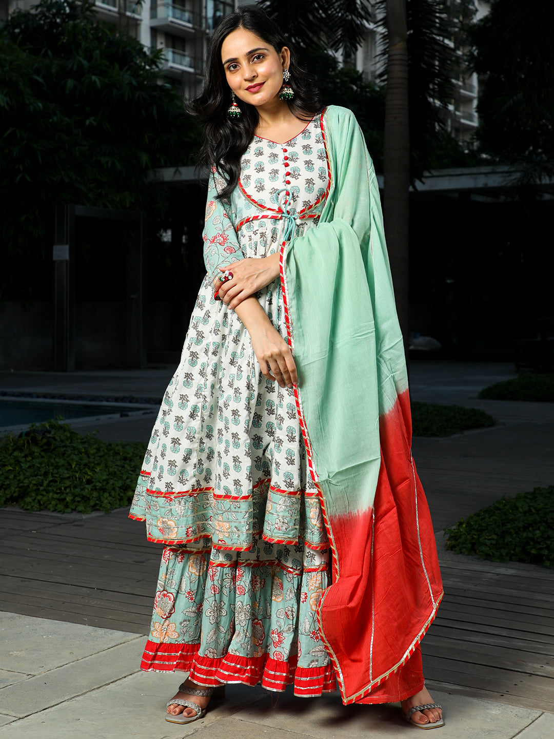 Pastel Green Floral Print Anarkali Sharara With Dupatta