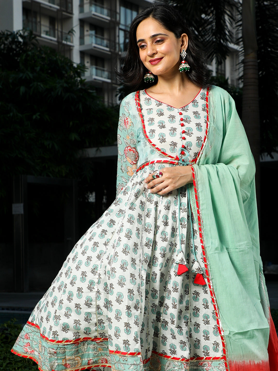 Pastel Green Floral Print Anarkali Sharara With Dupatta