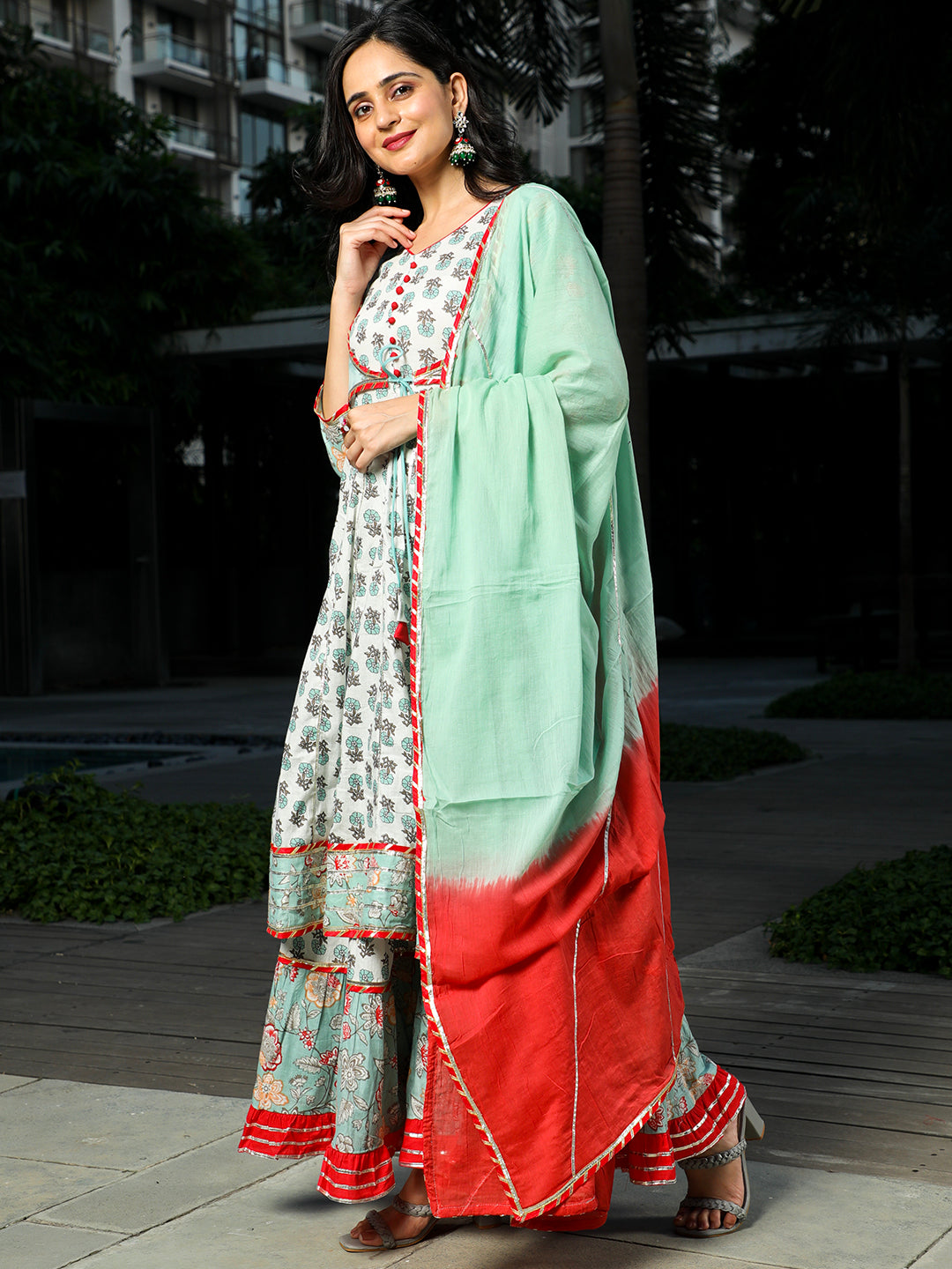 Pastel Green Floral Print Anarkali Sharara With Dupatta