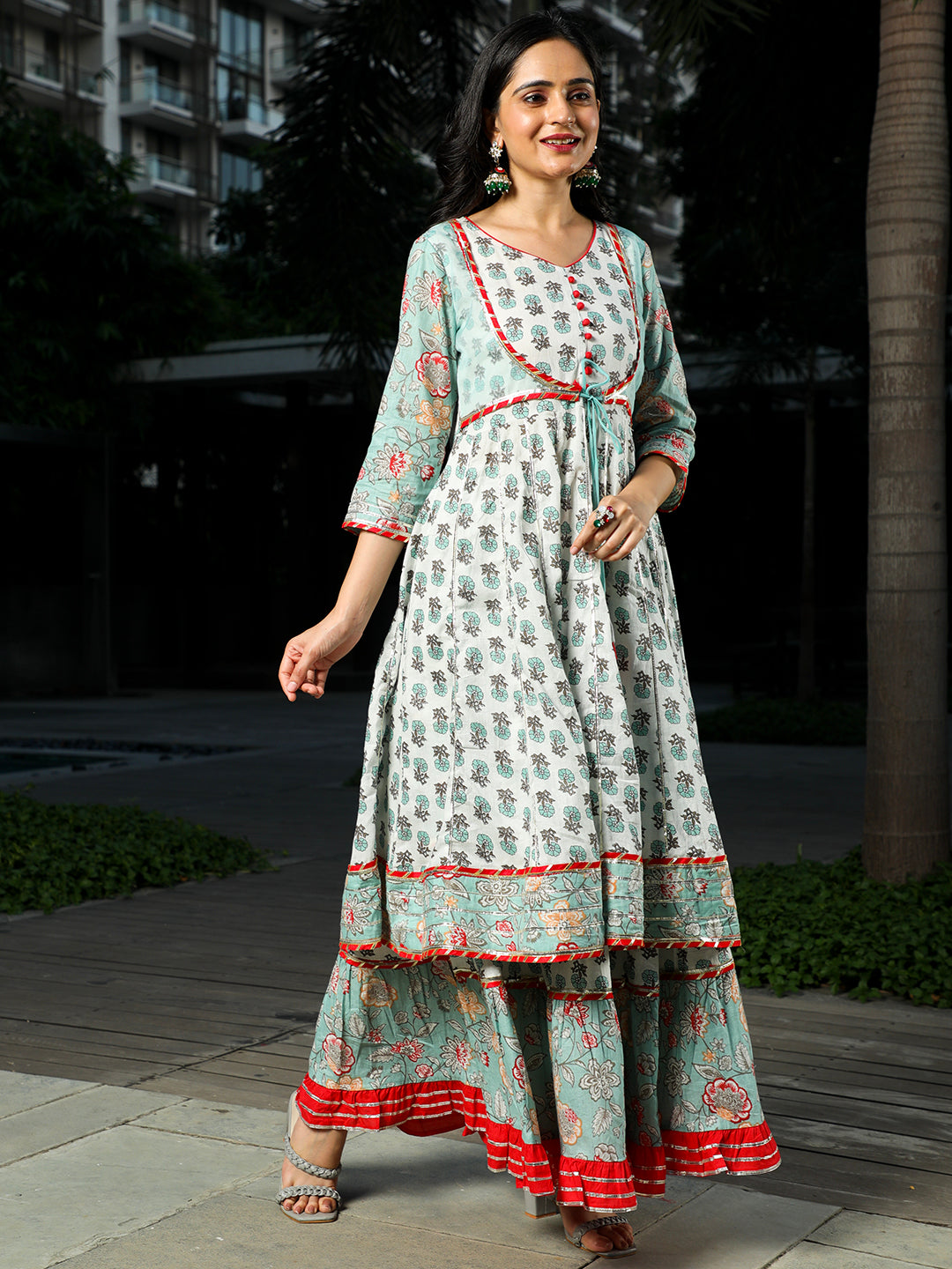 Pastel Green Floral Print Anarkali Sharara With Dupatta