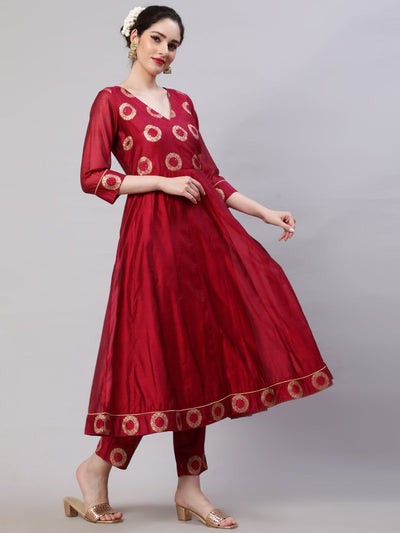 Magenta Woven Designed Anarkali Pant With Dupatta