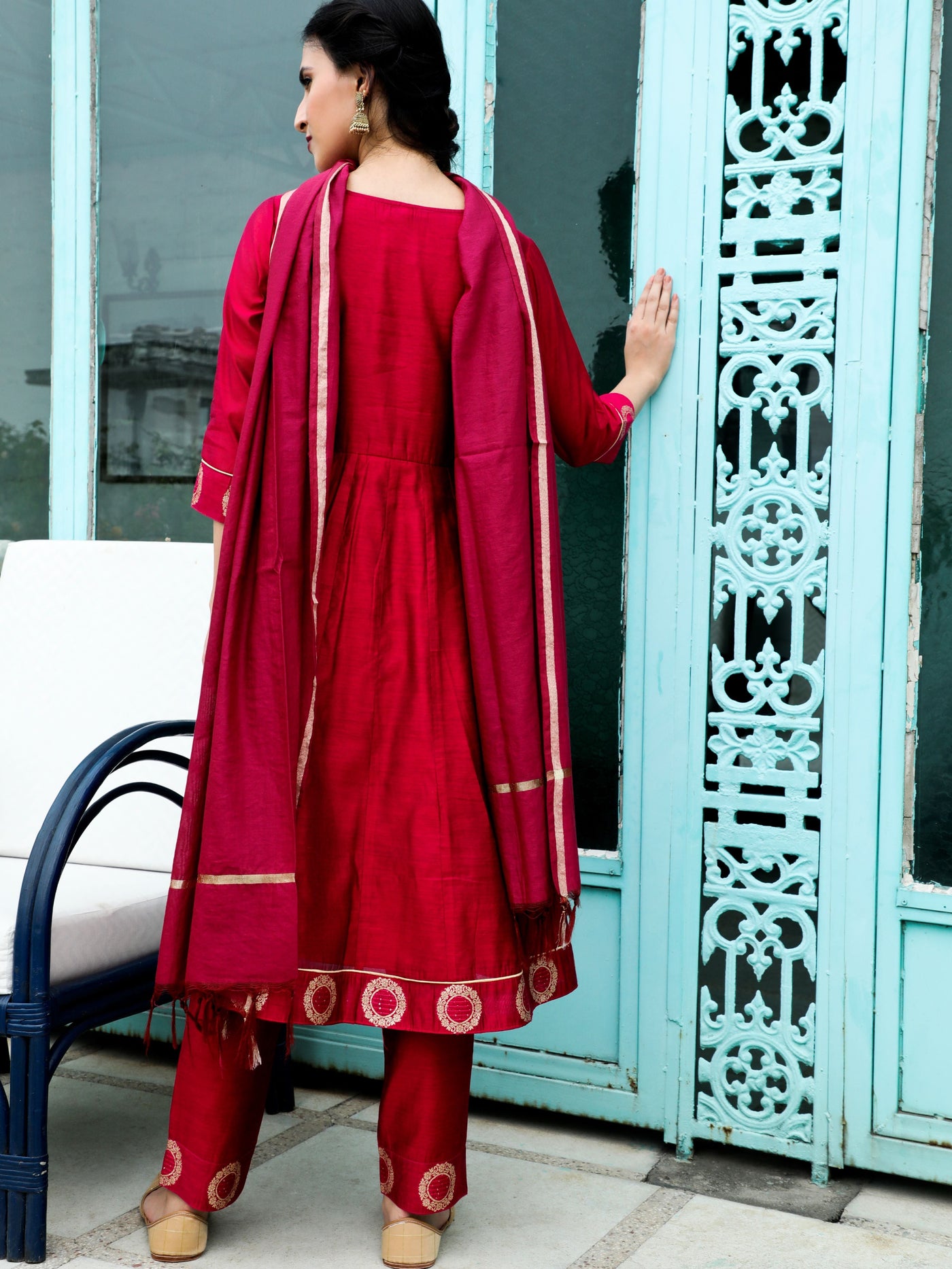 Magenta Woven Designed Anarkali Pant With Dupatta