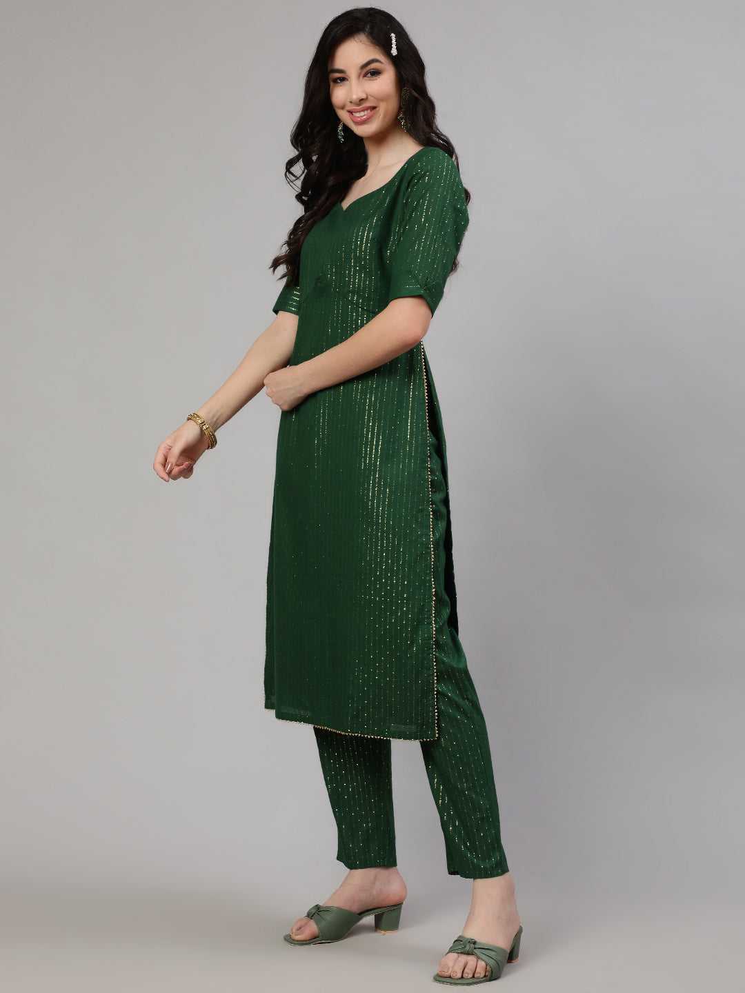 Green Embellished Alia-Cut Kurta Pant With Dupatta