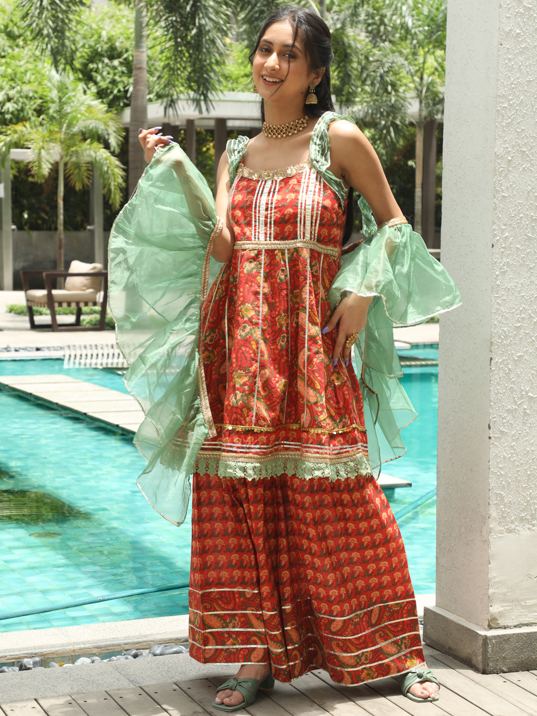 Red Floral Print Kurta Sharara With Dupatta